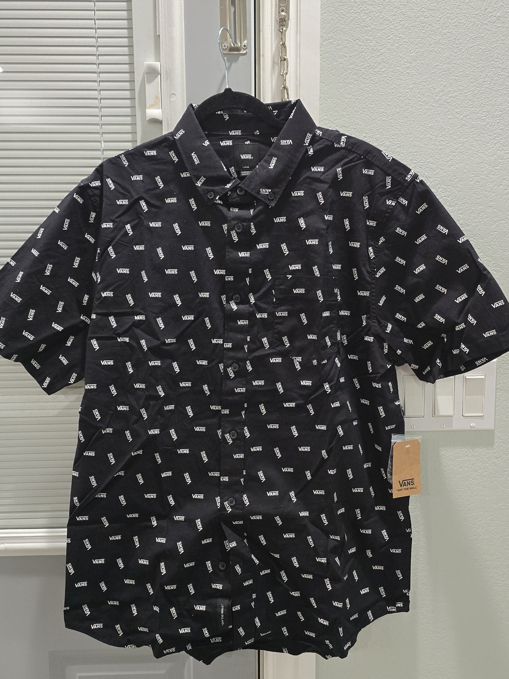 Vans Black Short-Sleeve Button-Up Shirt with White Logo Print